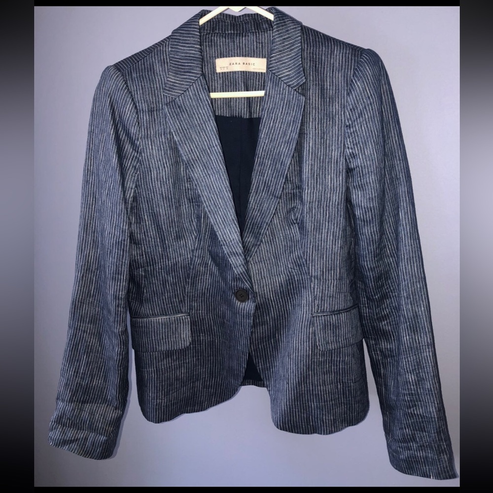 Zara Basic Linen Blazer Jacket Pinstripe Women’s Medium Blue